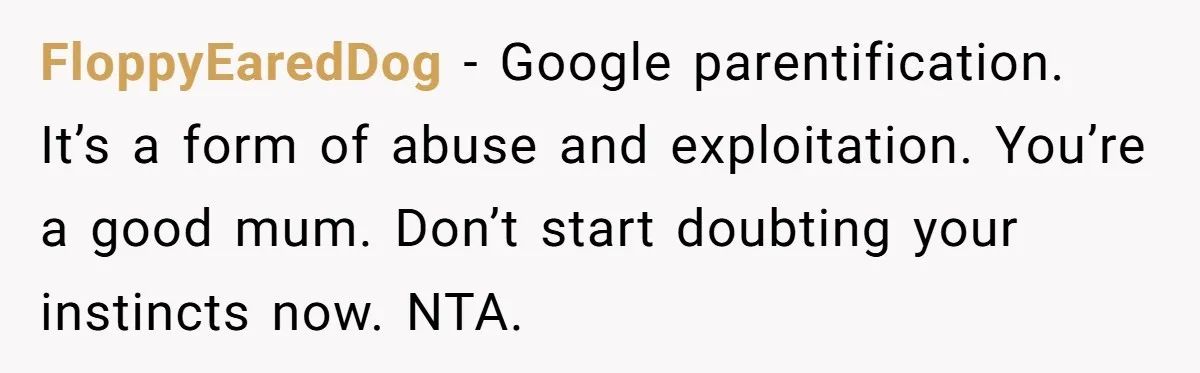 FloppyEaredDog − Google parentification. It’s a form of abuse and exploitation. You’re a good mum. Don’t start doubting your instincts now. NTA.
