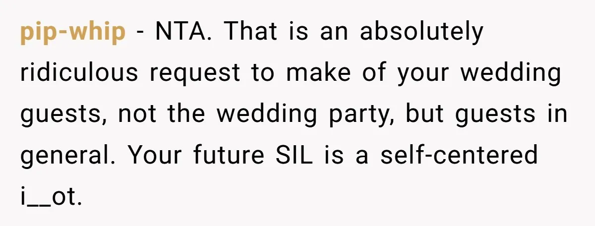 pip-whip − NTA. That is an absolutely ridiculous request to make of your wedding guests, not the wedding party, but guests in general. Your future SIL is a self-centered i__ot.