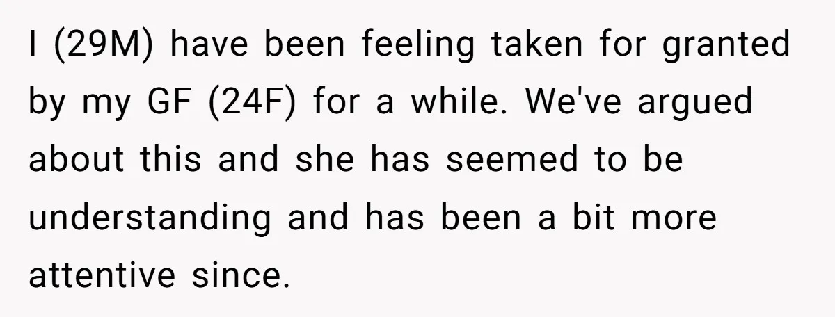 I (29M) have been feeling taken for granted by my GF (24F) for a while. We've argued about this and she has seemed to be understanding and has been a...