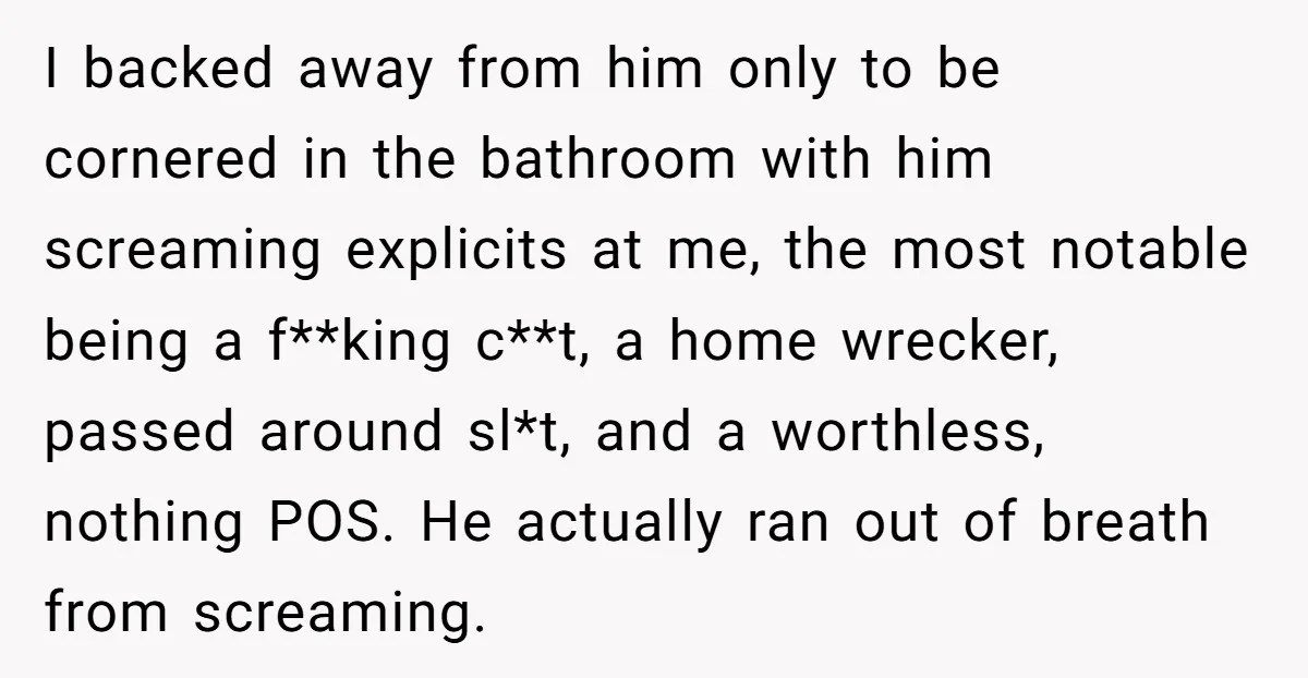 I backed away from him only to be cornered in the bathroom with him screaming explicits at me, the most notable being a f**king c**t, a home wrecker, passed around...
