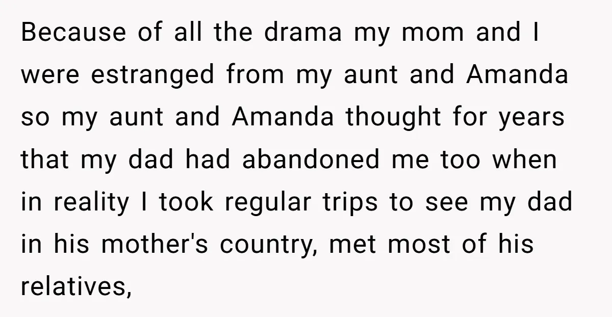 Because of all the drama my mom and I were estranged from my aunt and Amanda so my aunt and Amanda thought for years that my dad had abandoned me...