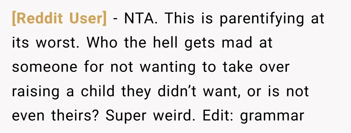 [Reddit User] − NTA. This is parentifying at its worst. Who the hell gets mad at someone for not wanting to take over raising a child they didn’t want, or...