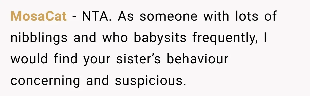 MosaCat − NTA. As someone with lots of nibblings and who babysits frequently, I would find your sister’s behaviour concerning and suspicious.