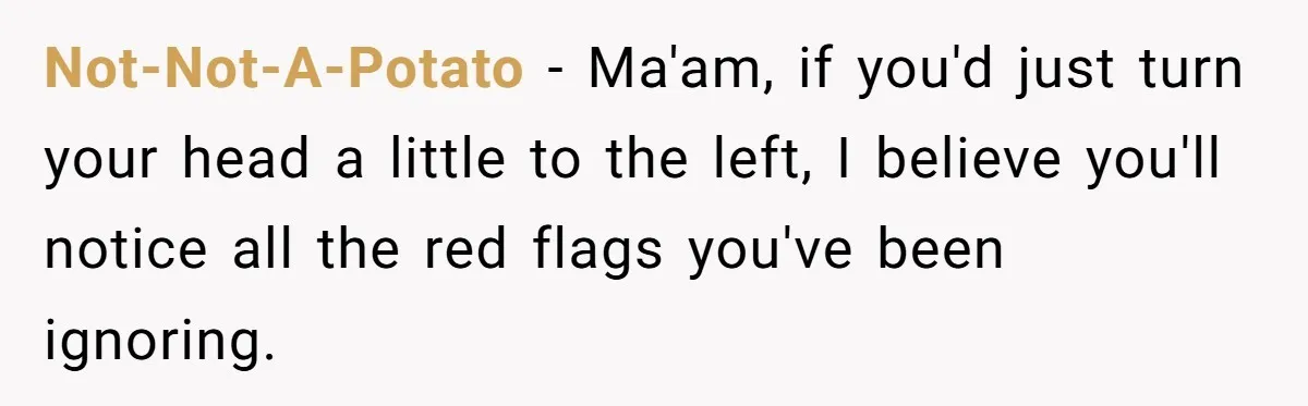Not-Not-A-Potato − Ma'am, if you'd just turn your head a little to the left, I believe you'll notice all the red flags you've been ignoring.