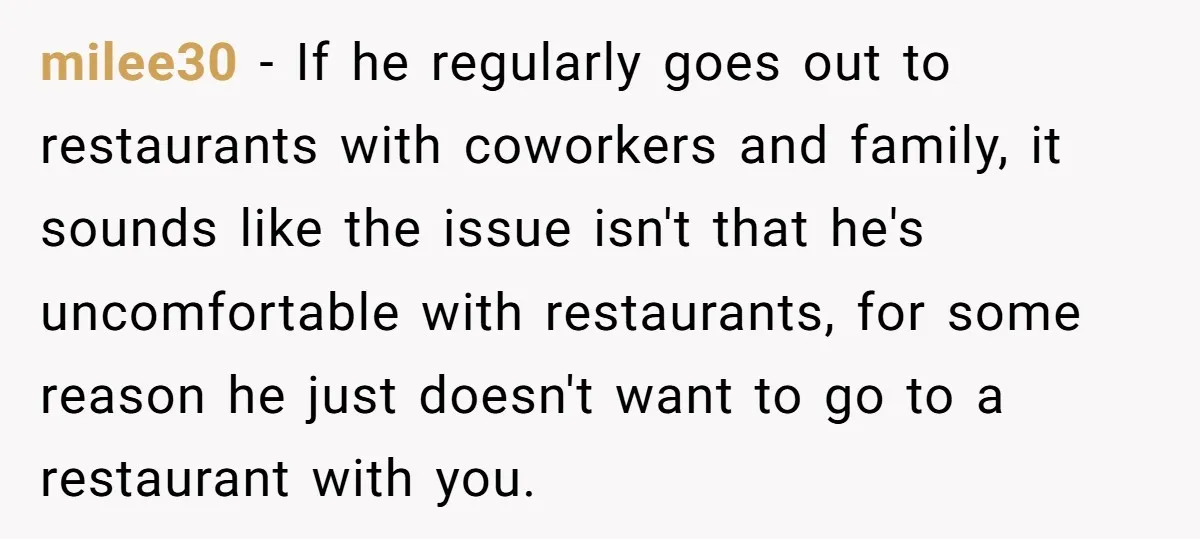 milee30 − If he regularly goes out to restaurants with coworkers and family, it sounds like the issue isn't that he's uncomfortable with restaurants, for some reason he just doesn't...