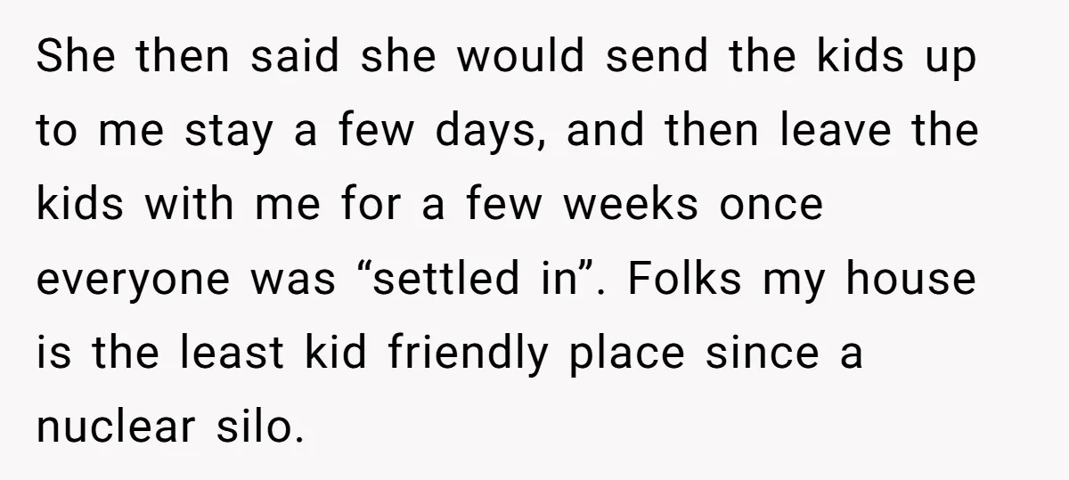 She then said she would send the kids up to me stay a few days, and then leave the kids with me for a few weeks once everyone was “settled...