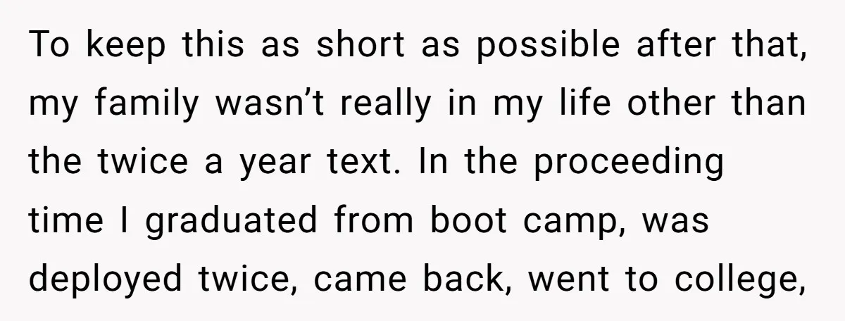 To keep this as short as possible after that, my family wasn’t really in my life other than the twice a year text. In the proceeding time I graduated from...