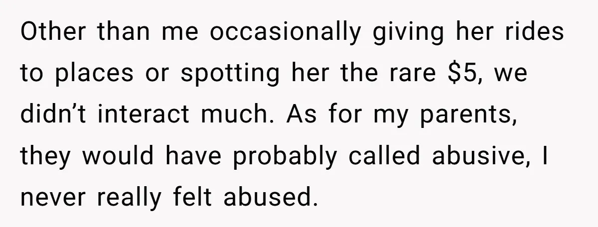 Other than me occasionally giving her rides to places or spotting her the rare $5, we didn’t interact much. As for my parents, they would have probably called abusive, I...