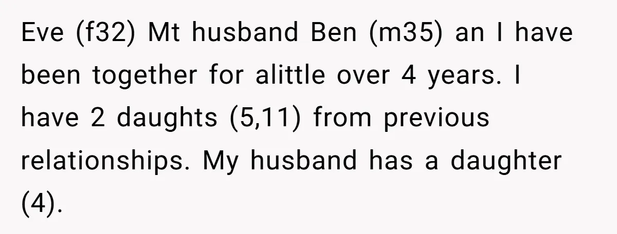Eve (f32) Mt husband Ben (m35) an I have been together for alittle over 4 years. I have 2 daughts (5,11) from previous relationships. My husband has a daughter (4).