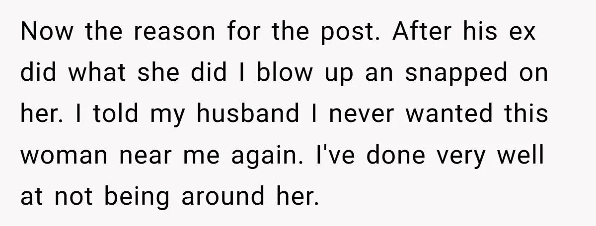 Now the reason for the post. After his ex did what she did I blow up an snapped on her. I told my husband I never wanted this woman near...