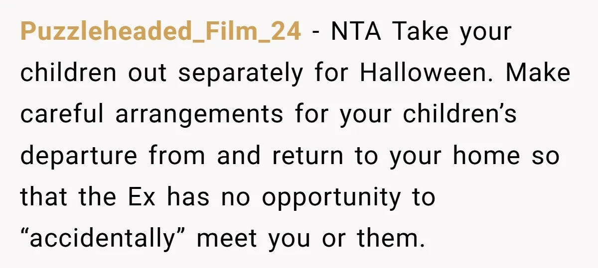 Puzzleheaded_Film_24 − NTA Take your children out separately for Halloween. Make careful arrangements for your children’s departure from and return to your home so that the Ex has no opportunity...