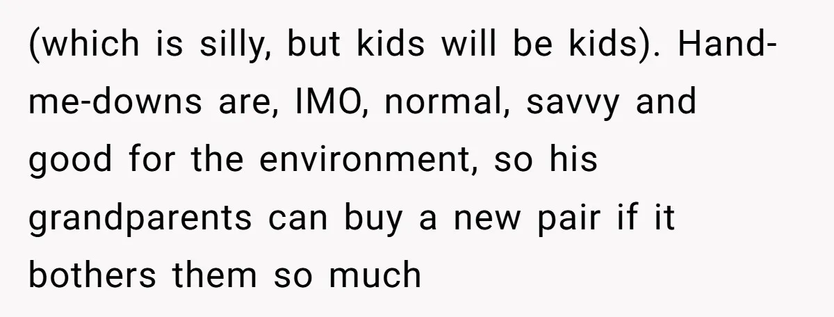 (which is silly, but kids will be kids). Hand-me-downs are, IMO, normal, savvy and good for the environment, so his grandparents can buy a new pair if it bothers them...