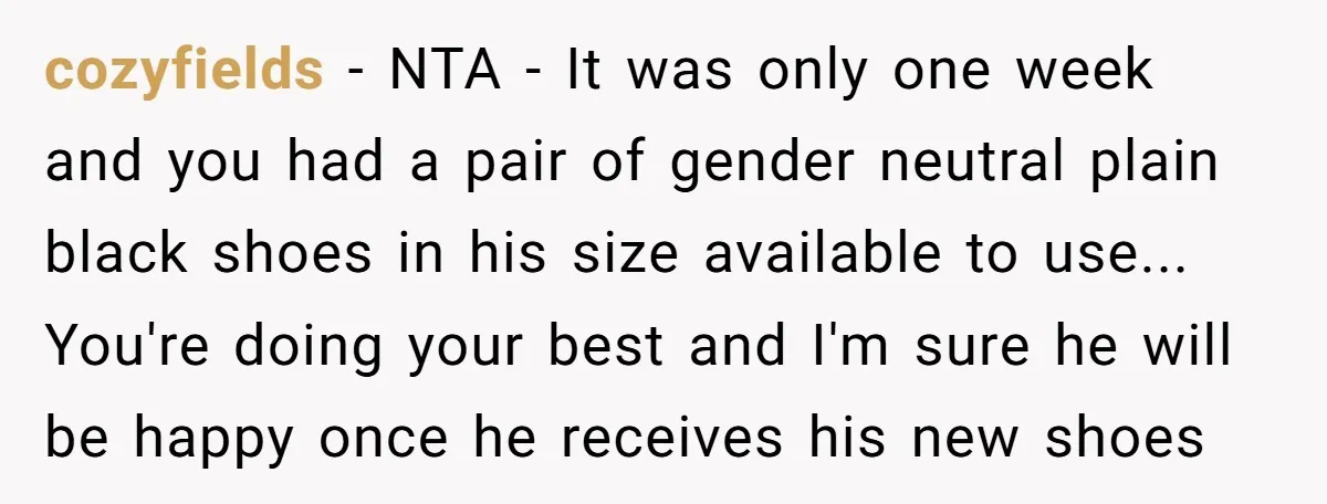 cozyfields − NTA - It was only one week and you had a pair of gender neutral plain black shoes in his size available to use... You're doing your best...