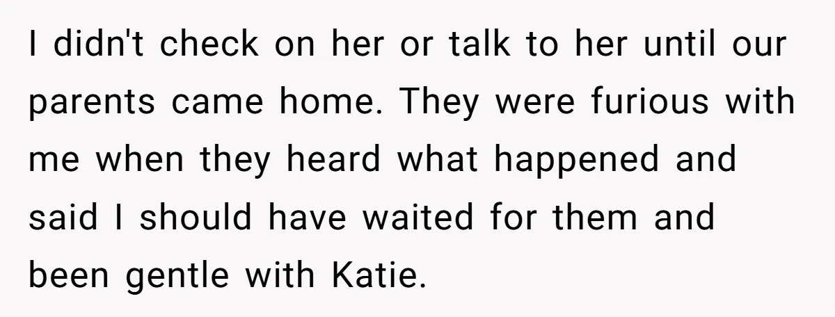 I didn't check on her or talk to her until our parents came home. They were furious with me when they heard what happened and said I should have waited...