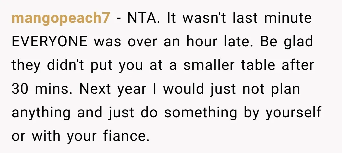 mangopeach7 − NTA. It wasn't last minute EVERYONE was over an hour late. Be glad they didn't put you at a smaller table after 30 mins. Next year I would...