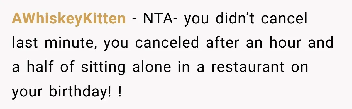 AWhiskeyKitten − NTA- you didn’t cancel last minute, you canceled after an hour and a half of sitting alone in a restaurant on your birthday! !