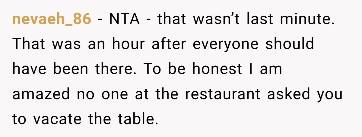 nevaeh_86 − NTA - that wasn’t last minute. That was an hour after everyone should have been there. To be honest I am amazed no one at the restaurant asked...