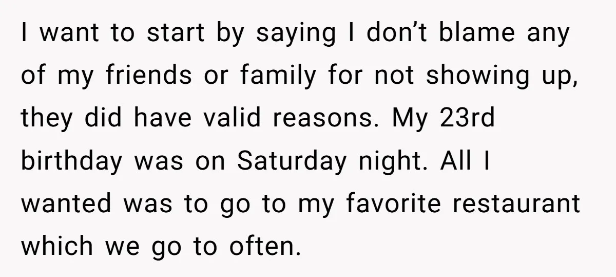 I want to start by saying I don’t blame any of my friends or family for not showing up, they did have valid reasons. My 23rd birthday was on Saturday...