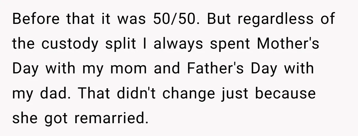 Before that it was 50/50. But regardless of the custody split I always spent Mother's Day with my mom and Father's Day with my dad. That didn't change just because...
