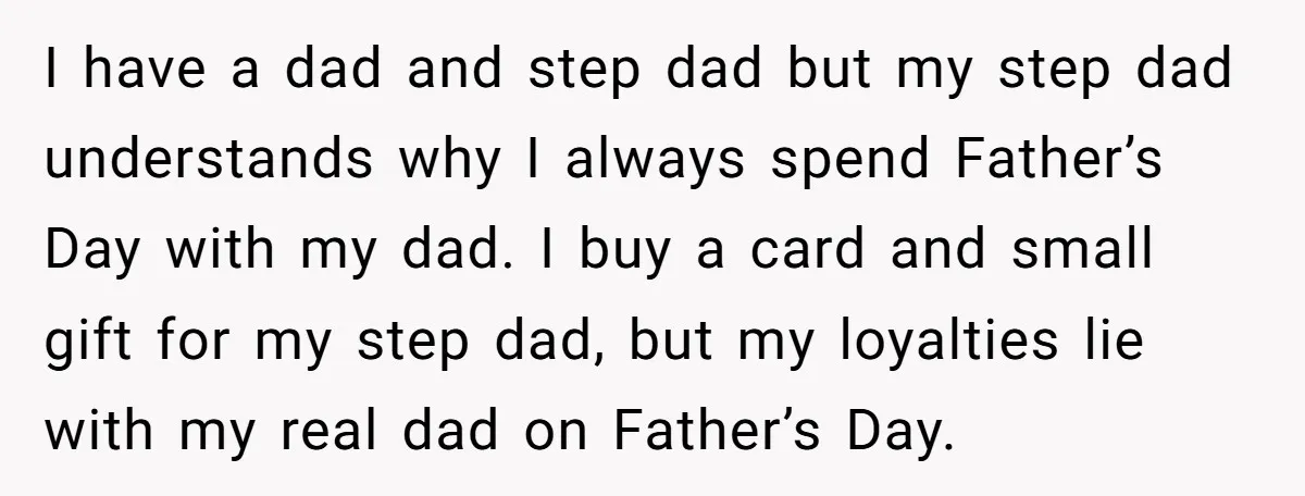 I have a dad and step dad but my step dad understands why I always spend Father’s Day with my dad. I buy a card and small gift for my...