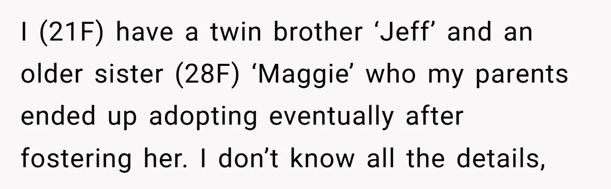 I (21F) have a twin brother ‘Jeff’ and an older sister (28F) ‘Maggie’ who my parents ended up adopting eventually after fostering her. I don’t know all the details,