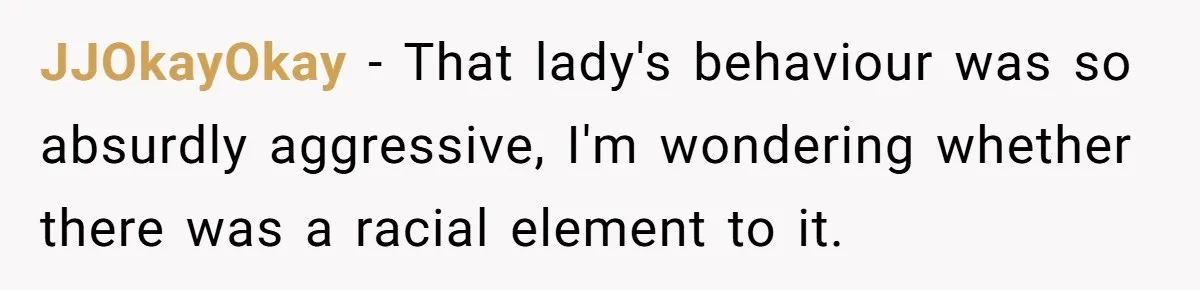 JJOkayOkay − That lady's behaviour was so absurdly aggressive, I'm wondering whether there was a racial element to it.