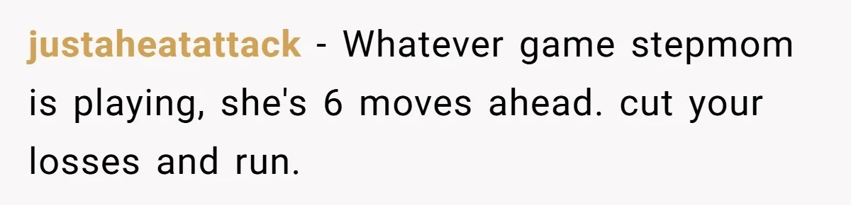 justaheatattack − Whatever game stepmom is playing, she's 6 moves ahead. cut your losses and run.