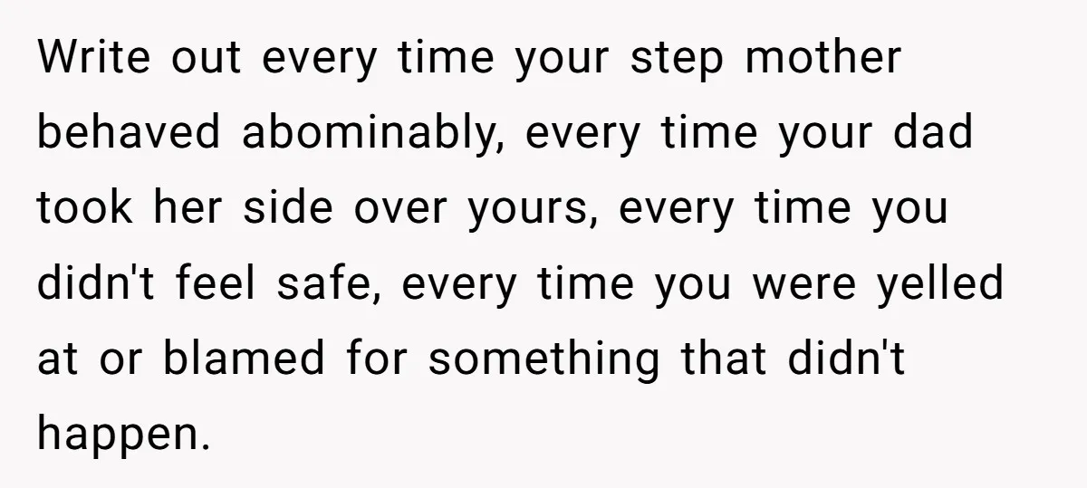 Write out every time your step mother behaved abominably, every time your dad took her side over yours, every time you didn't feel safe, every time you were yelled at...