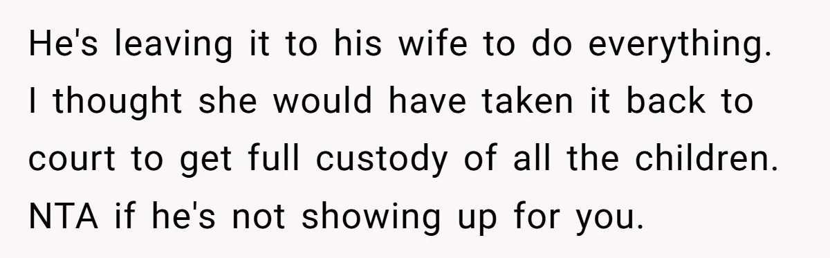 He's leaving it to his wife to do everything. I thought she would have taken it back to court to get full custody of all the children. NTA if he's...