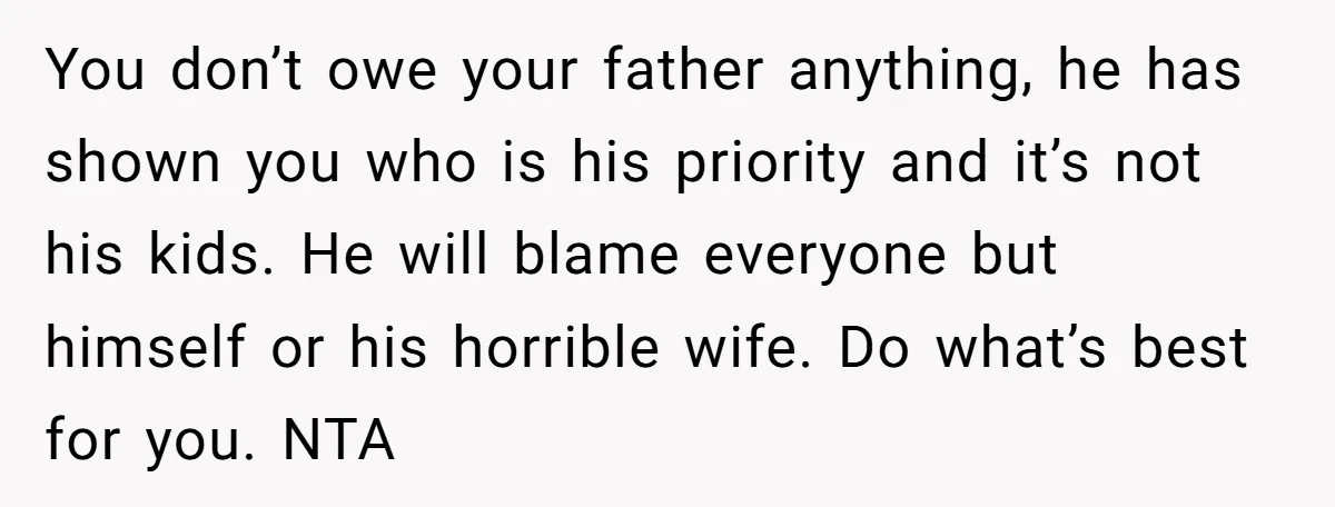 You don’t owe your father anything, he has shown you who is his priority and it’s not his kids. He will blame everyone but himself or his horrible wife. Do...