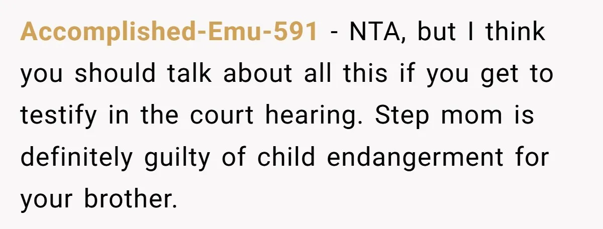 Accomplished-Emu-591 − NTA, but I think you should talk about all this if you get to testify in the court hearing. Step mom is definitely guilty of child endangerment for...