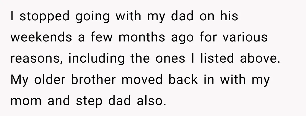 I stopped going with my dad on his weekends a few months ago for various reasons, including the ones I listed above. My older brother moved back in with my...