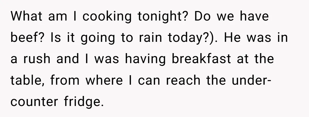 What am I cooking tonight? Do we have beef? Is it going to rain today?). He was in a rush and I was having breakfast at the table, from where...