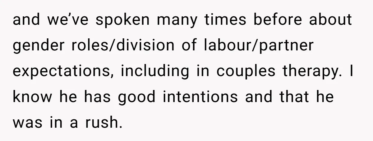 and we’ve spoken many times before about gender roles/division of labour/partner expectations, including in couples therapy. I know he has good intentions and that he was in a rush.