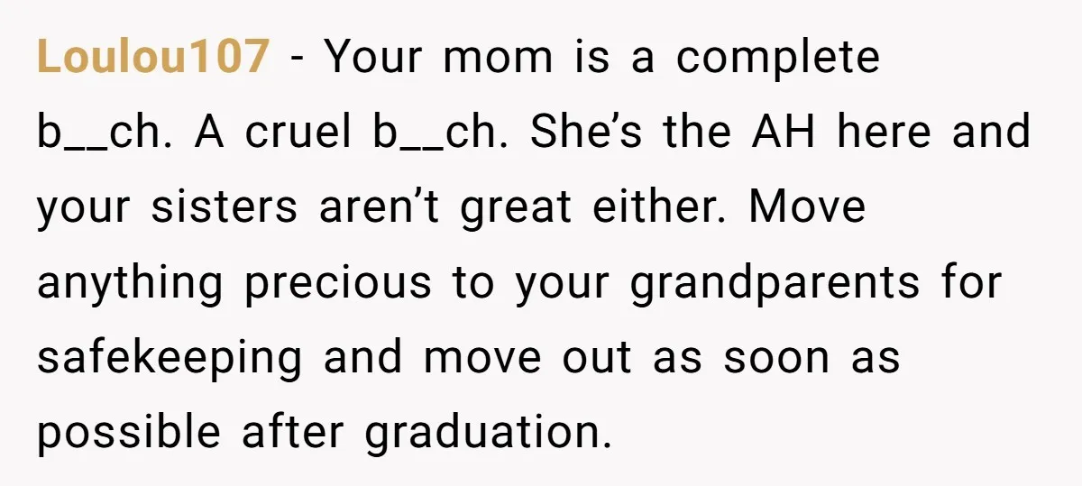 Loulou107 − Your mom is a complete b__ch. A cruel b__ch. She’s the AH here and your sisters aren’t great either. Move anything precious to your grandparents for safekeeping and...