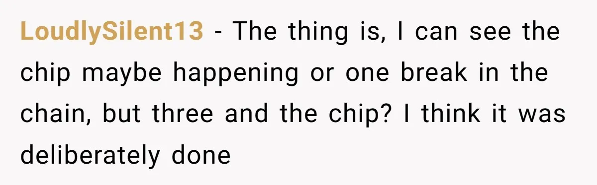 LoudlySilent13 − The thing is, I can see the chip maybe happening or one break in the chain, but three and the chip? I think it was deliberately done