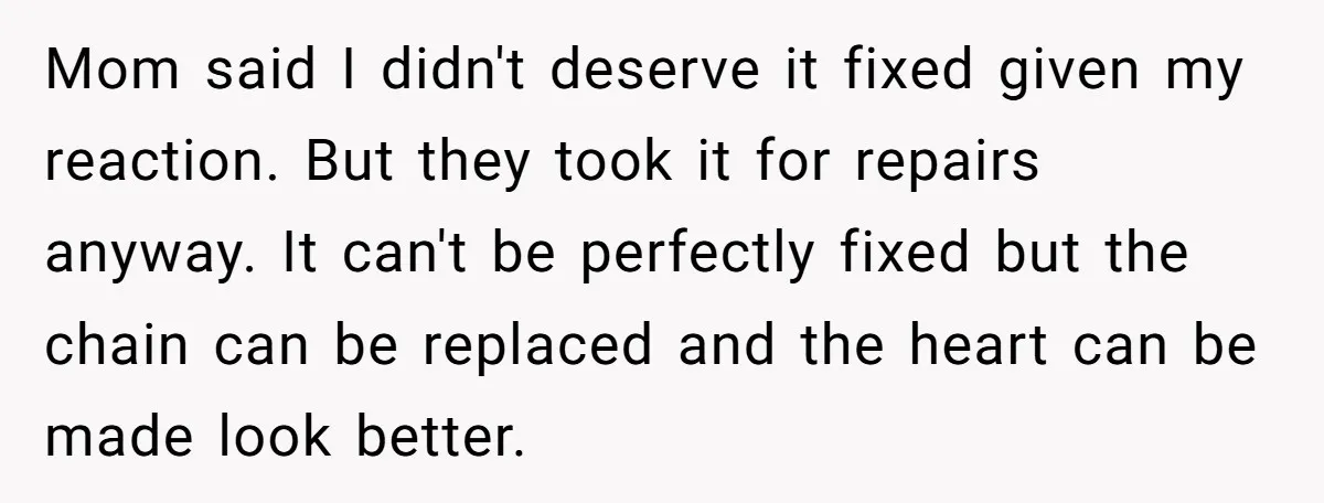Mom said I didn't deserve it fixed given my reaction. But they took it for repairs anyway. It can't be perfectly fixed but the chain can be replaced and the...