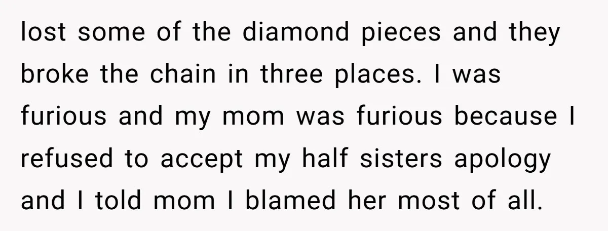 lost some of the diamond pieces and they broke the chain in three places. I was furious and my mom was furious because I refused to accept my half sisters...