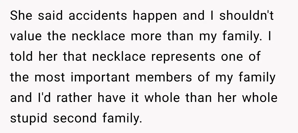 She said accidents happen and I shouldn't value the necklace more than my family. I told her that necklace represents one of the most important members of my family and...