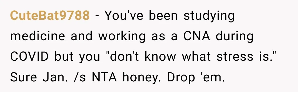 CuteBat9788 − You've been studying medicine and working as a CNA during COVID but you "don't know what stress is." Sure Jan. /s NTA honey. Drop 'em.
