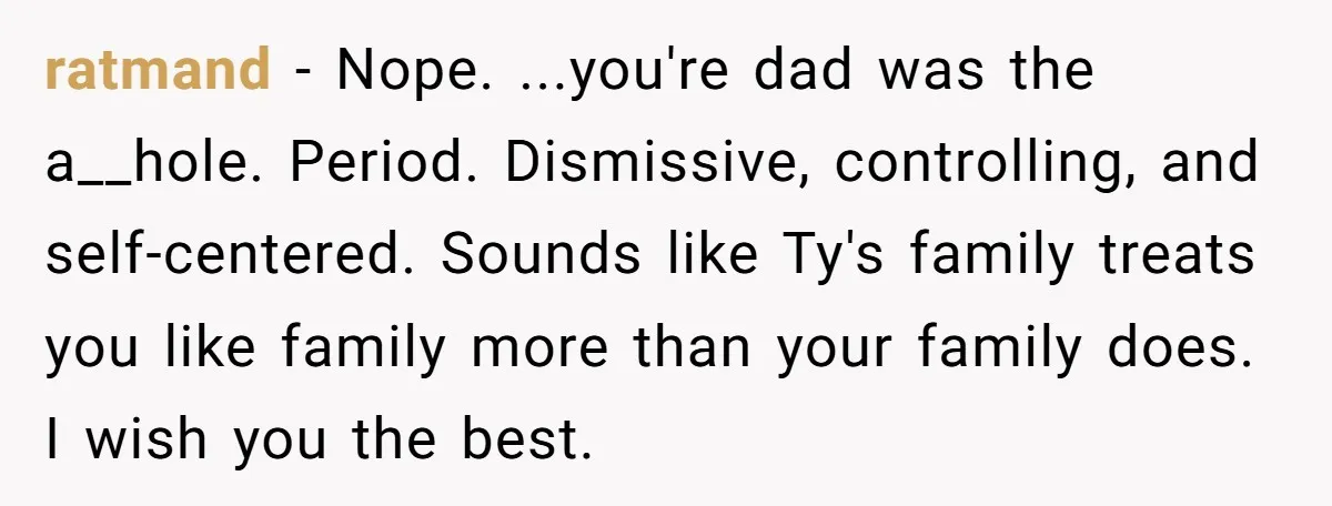 ratmand − Nope. ...you're dad was the a__hole. Period. Dismissive, controlling, and self-centered. Sounds like Ty's family treats you like family more than your family does. I wish you the...