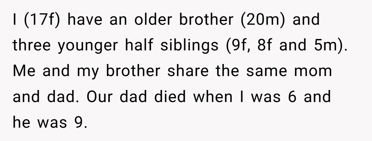 I (17f) have an older brother (20m) and three younger half siblings (9f, 8f and 5m). Me and my brother share the same mom and dad. Our dad died when...