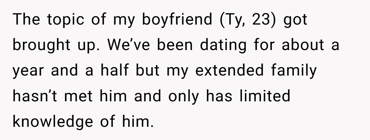 The topic of my boyfriend (Ty, 23) got brought up. We’ve been dating for about a year and a half but my extended family hasn’t met him and only has...