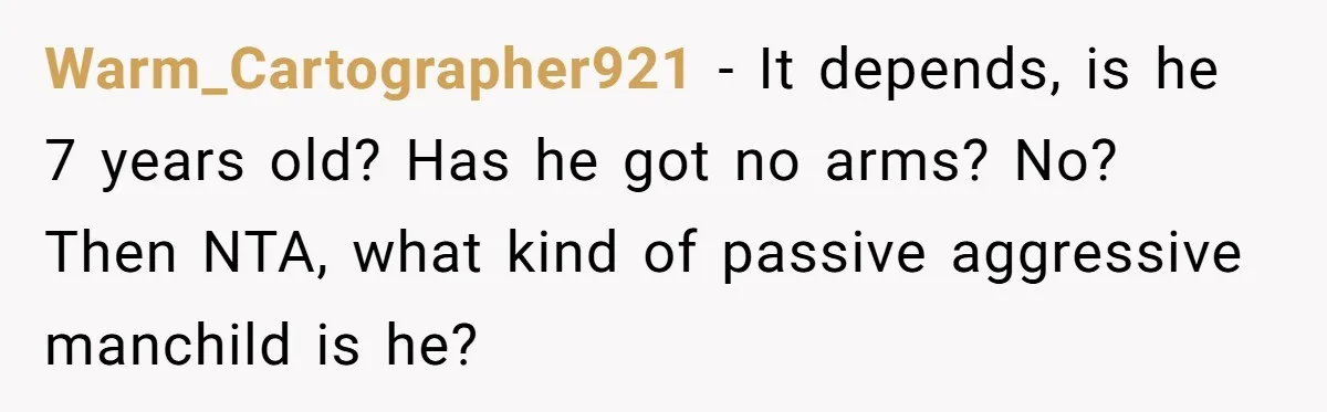 Warm_Cartographer921 − It depends, is he 7 years old? Has he got no arms? No? Then NTA, what kind of passive aggressive manchild is he?