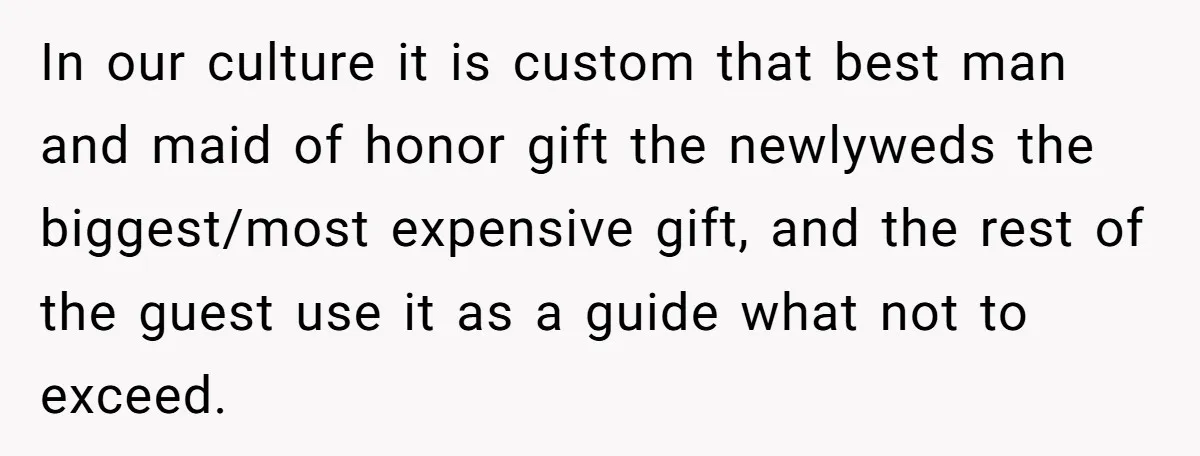 In our culture it is custom that best man and maid of honor gift the newlyweds the biggest/most expensive gift, and the rest of the guest use it as a...