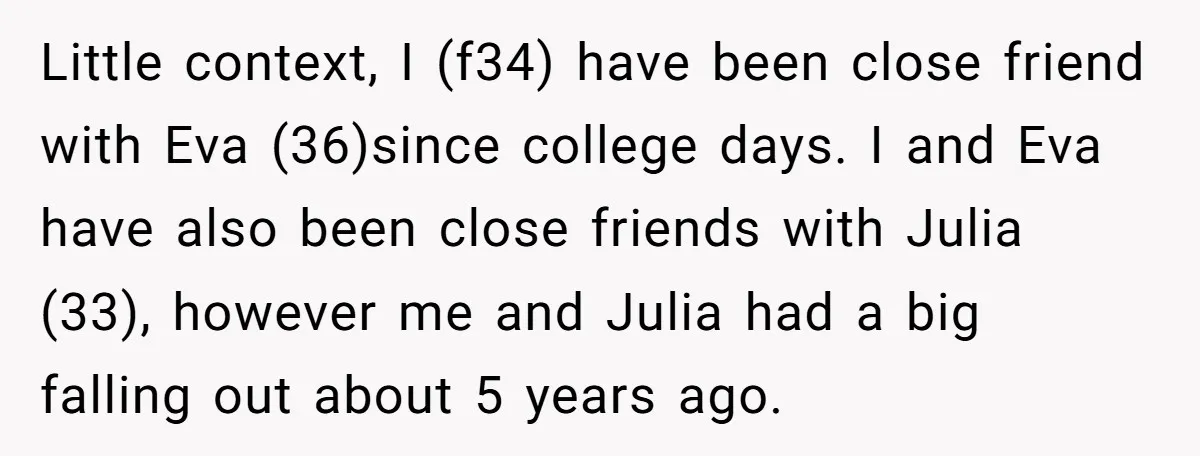 Little context, I (f34) have been close friend with Eva (36)since college days. I and Eva have also been close friends with Julia (33), however me and Julia had a...