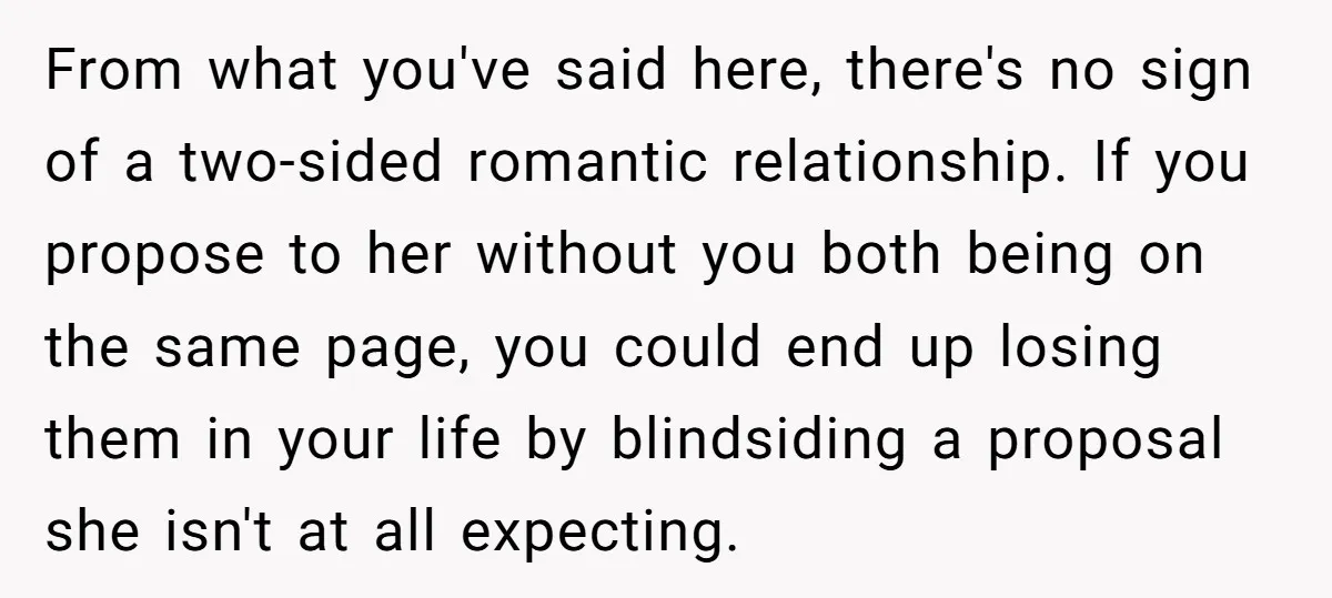From what you've said here, there's no sign of a two-sided romantic relationship. If you propose to her without you both being on the same page, you could end up...