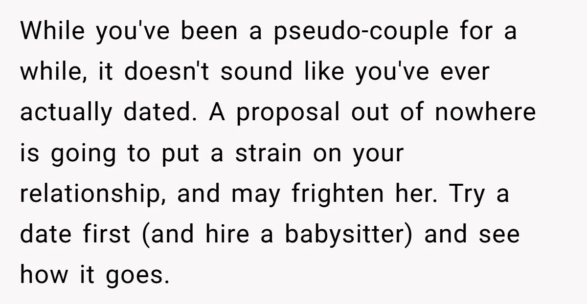 While you've been a pseudo-couple for a while, it doesn't sound like you've ever actually dated. A proposal out of nowhere is going to put a strain on your relationship,...