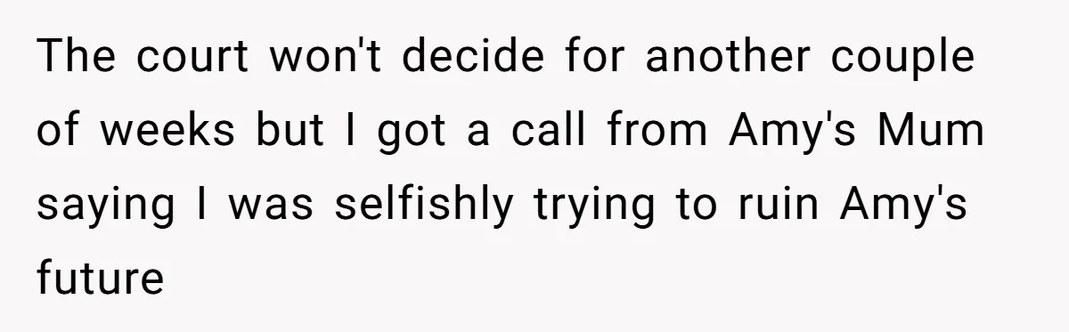 The court won't decide for another couple of weeks but I got a call from Amy's Mum saying I was selfishly trying to ruin Amy's future