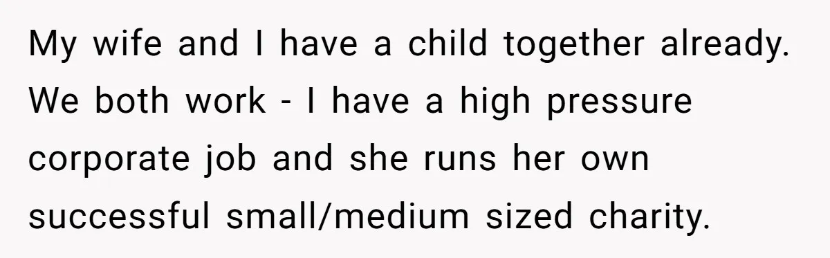 My wife and I have a child together already. We both work - I have a high pressure corporate job and she runs her own successful small/medium sized charity.